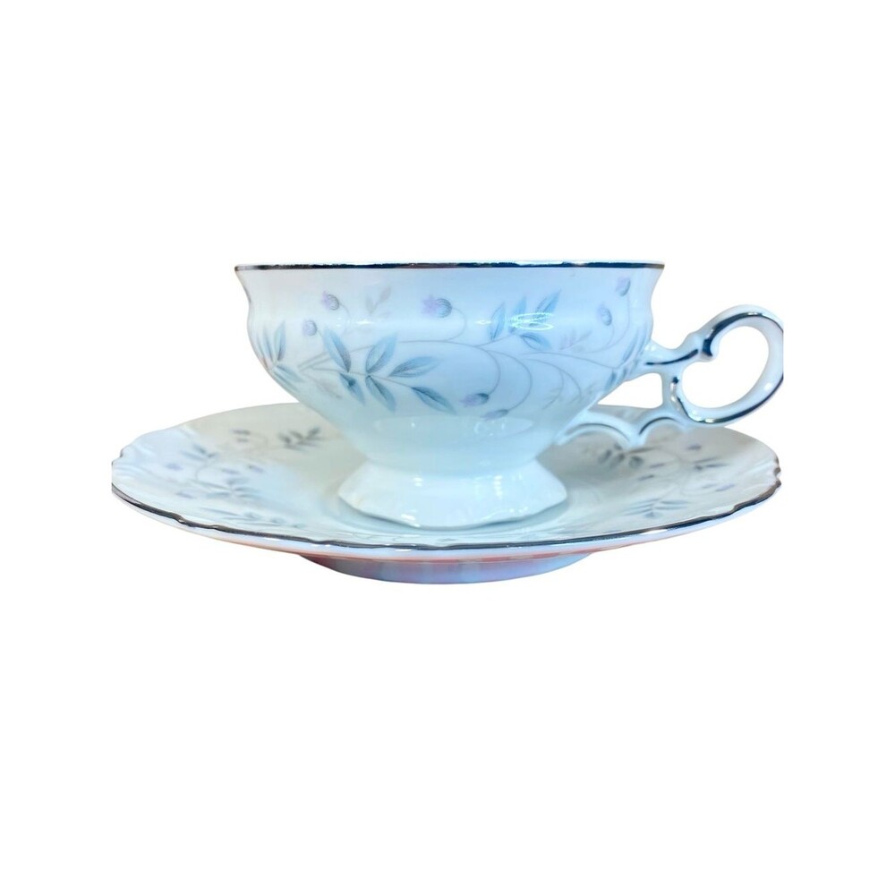 Mikasa Chalfonte Tea Cup Saucer Set Blue White Floral Pattern Vintage Fine China